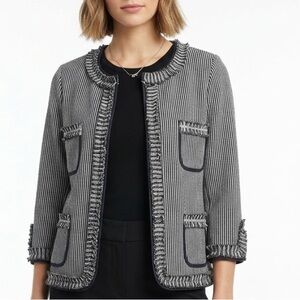 Karen Kane Navy blue & White Striped Fringe-Trim Collarless Jacket